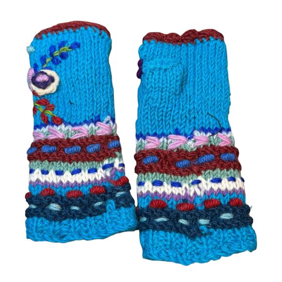 Handmade crochet hand knitted blue floral 100% wool fleece fingerless gloves - Picture 7 of 11